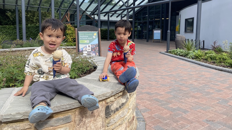 Richard's two sons enjoying ice creams outside The Terrace at Whitemead Forest Park